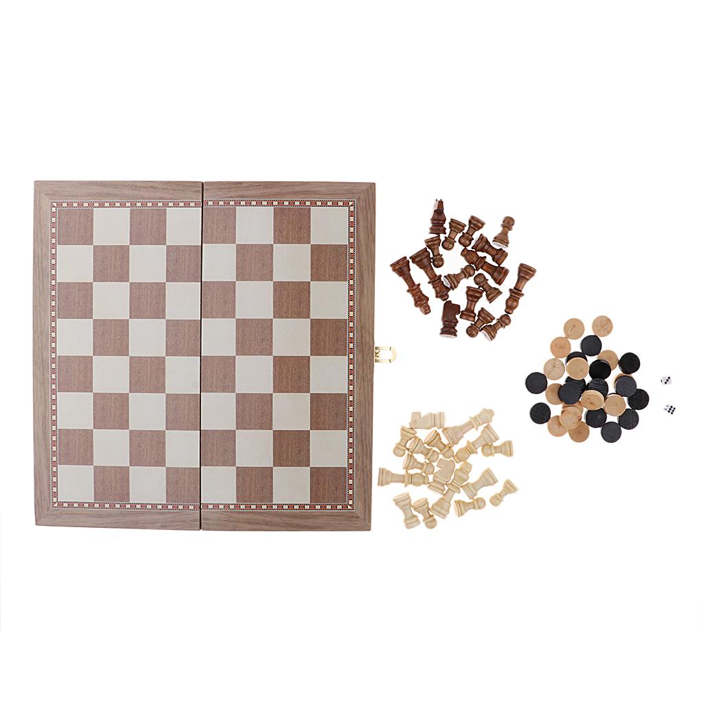 Folding Wooden Chess Set Deluxe Chess Checker Backgammon International Chess Set Traditional Board Game for 2 Players